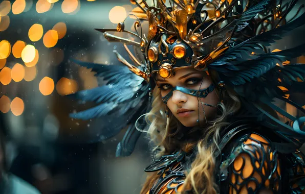 Look, girl, feathers, fantasy, headdress, digital art, AI art, neural network