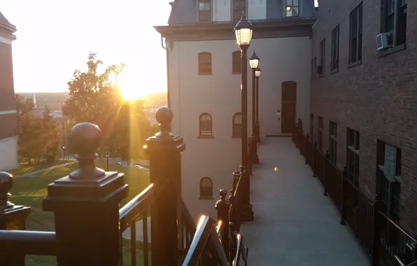Summer, the city, house, building, morning, lights, ladder