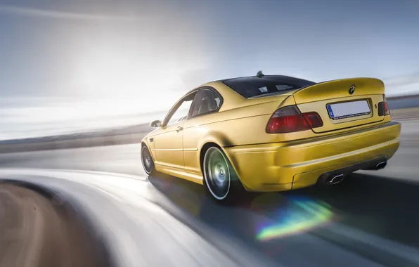 BMW, speed, turn, BMW, gold, E46, gold, in motion