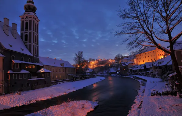 Winter, snow, night, lights, river, home, Czech Republic, Cesky Krumlov