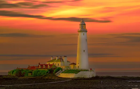 Picture sea, the sky, clouds, sunset, house, lighthouse, tide