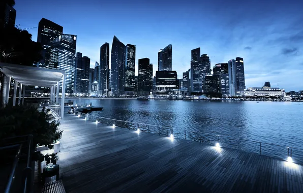 Sunset, the city, home, skyscrapers, the evening, lighting, lights, Bay