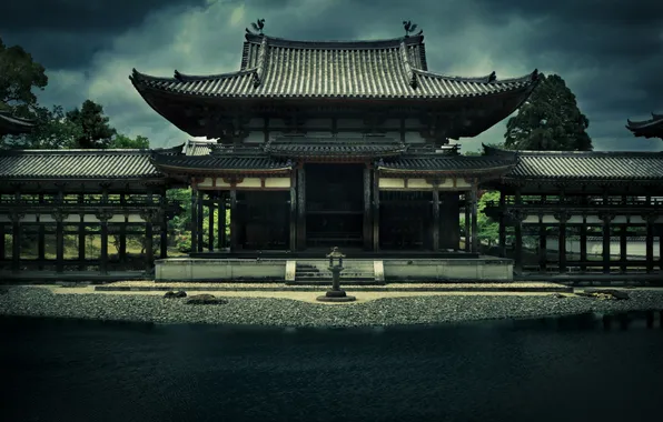 The sky, trees, pond, the building, Japan, Temple, architecture, Kyoto