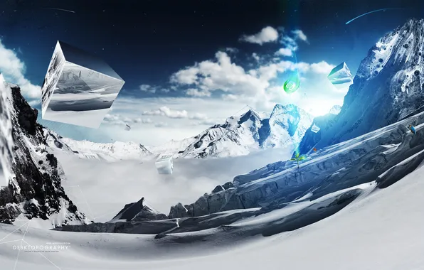 Winter, clouds, mountains, cubes