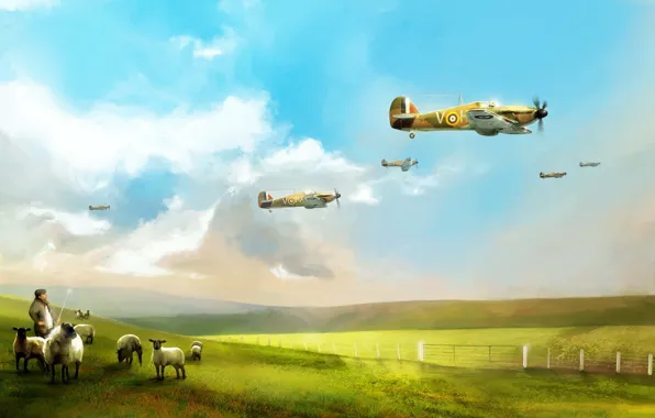The plane, art, British, Hawker Hurricane, interceptor, RAF, WW2, single-seat fighter