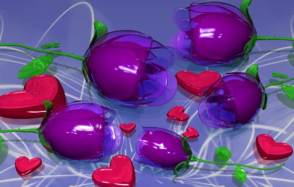 Picture glass, flowers, holiday, petals, plastic, heart, Valentin