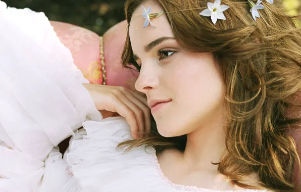 Emma Watson, flowers, sofa, wedding dress