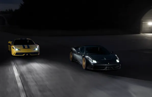 Road, yellow, grey, ferrari, Ferrari, grey, yellow, headlights