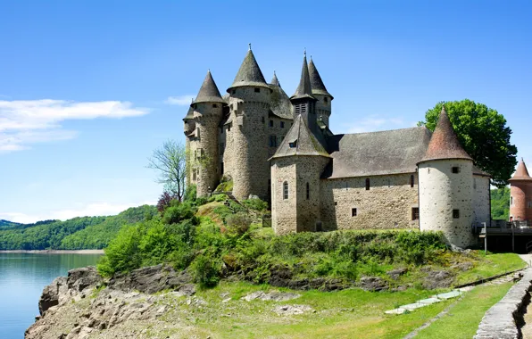 Greens, forest, the sky, the sun, lake, castle, France, Chateau de Val