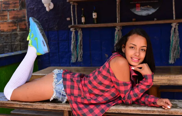 Girl, shorts, beautiful, jeans, brunette, cute, shirt, sneakers