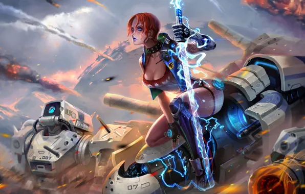 Girl, Robot, Robots, Style, Girl, Sword, Fur, Red