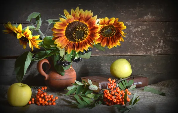 Sunflowers, apples, still life, Rowan, Aronia