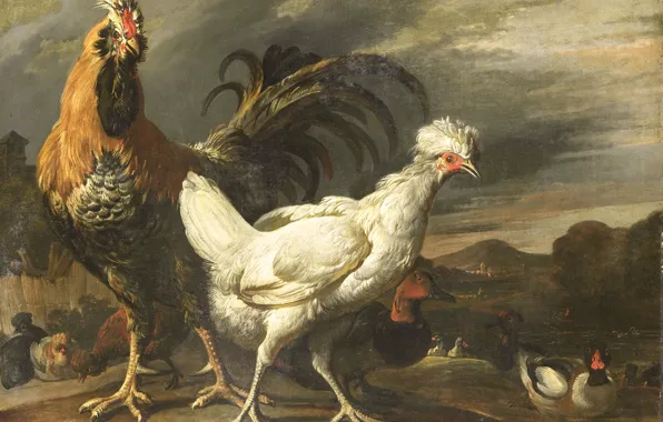 Picture animal, oil, picture, canvas, Pieter Jansz van Ruyven, Rooster Chicken and Other Poultry