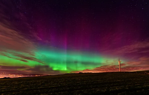 Picture sky, night, stars, Ireland, northern lights, Aurora Borealis, wind turbine, Strabane