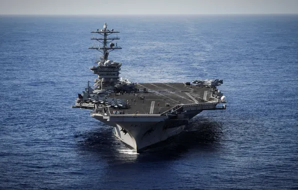 The sky, horizon, the carrier, deck, American, aircraft, The Pacific ocean, staff