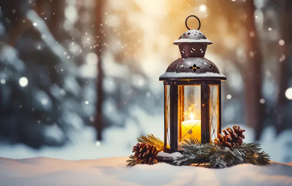 Winter, snow, night, Christmas, lantern, New year, Christmas, night