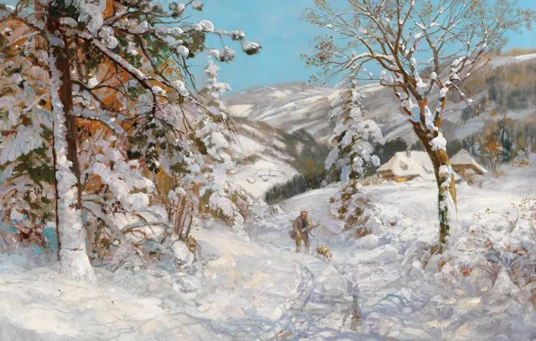 Alois Arnegger, Austrian painter, Austrian painter, oil on canvas, Alois Arnegger, Hunter in a winter …