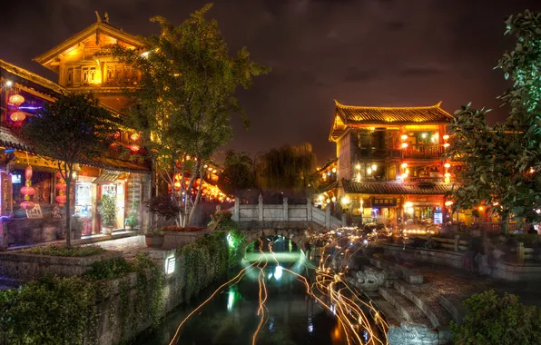 Picture light, landscape, night, home, Ancient, Town of Lijiang