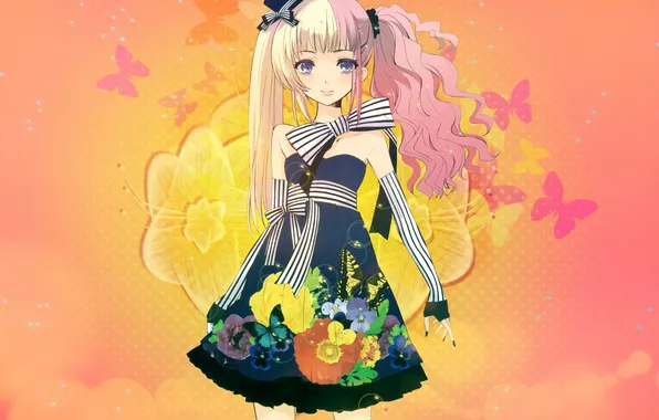 Picture look, girl, butterfly, flowers, patterns, anime, dress, hat