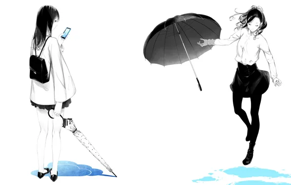 Girls, puddles, umbrellas, phone, backpack, art, sawasawa