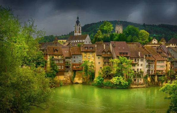 Picture clouds, the city, river, home, Germany, hill, forest, Rhine