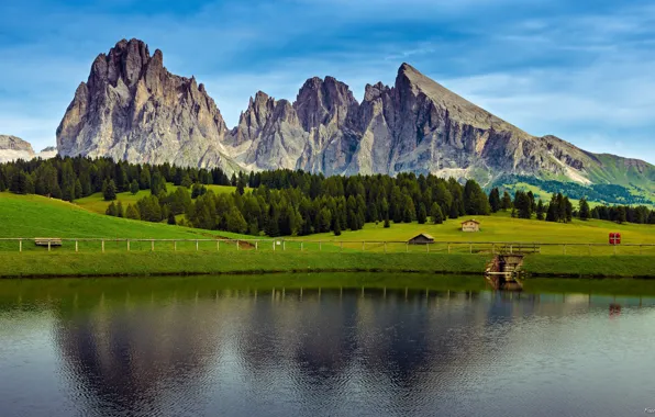 The sky, trees, mountains, lake, rocks, field, valley, Alps