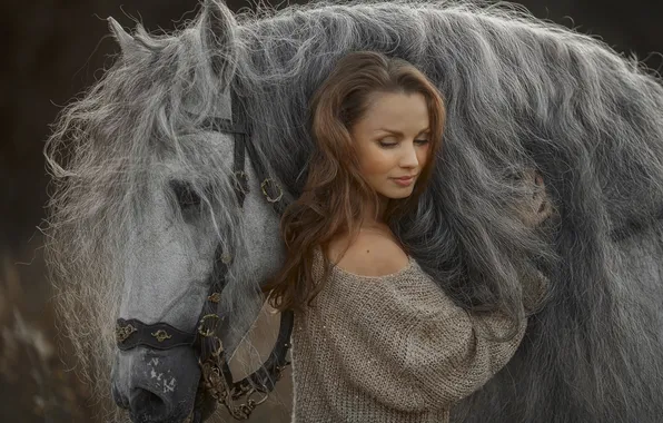 Picture face, girl, mood, horse, horse, mane, sweater, Julia Onuchina