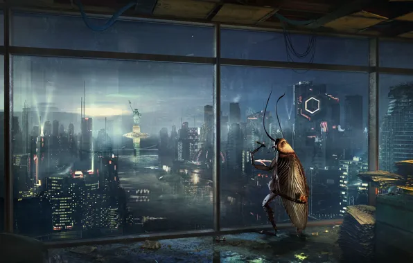 The city, Panorama, Windows, Fantasy, The Statue Of Liberty, Art, Fiction, Cigar