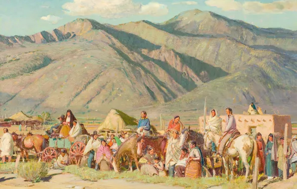 Mountains, caravan, Oscar Edmund Berninghaus, The Peoples, Await the Dancers