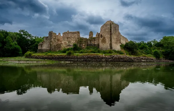 Clouds, lake, reflection, castle, shore, ruins