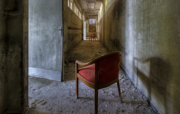 Picture chairs, door, corridor