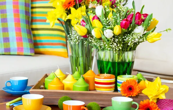 Flowers, table, pillow, candles, colorful, Cup, tulips, colorful