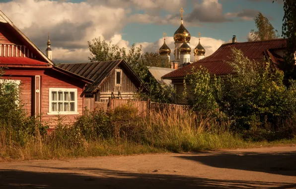 Village, Church, temple, houses, Russia, dome