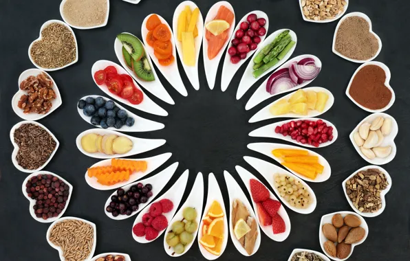 Raspberry, orange, kiwi, blueberries, strawberry, fruit, nuts, vegetables