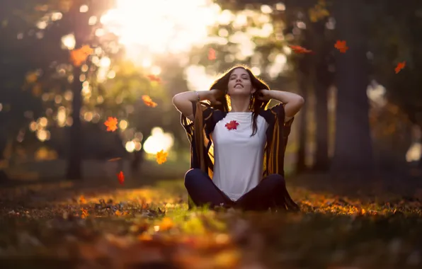 Picture autumn, girl, falling leaves, Mid Autumn Morning