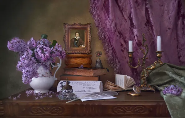 Pen, books, portrait, candles, still life, blind, bell, lilac