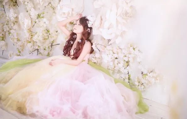 Flowers, dress, hairstyle, The bride