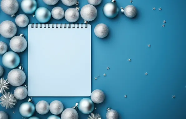 Balls, paper, Shine, blue, Christmas, New year, Notepad, stars