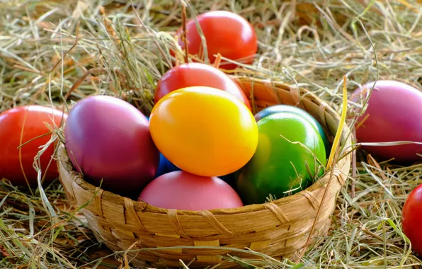 Holiday, bright, eggs, spring, Easter, straw, basket, colorful