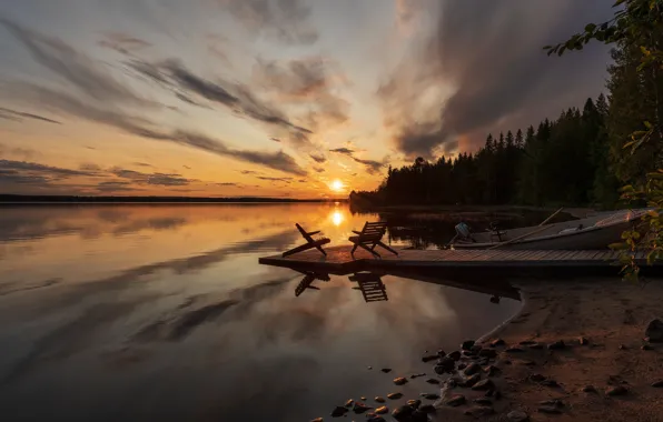 Sunset, lake, shore, sun loungers