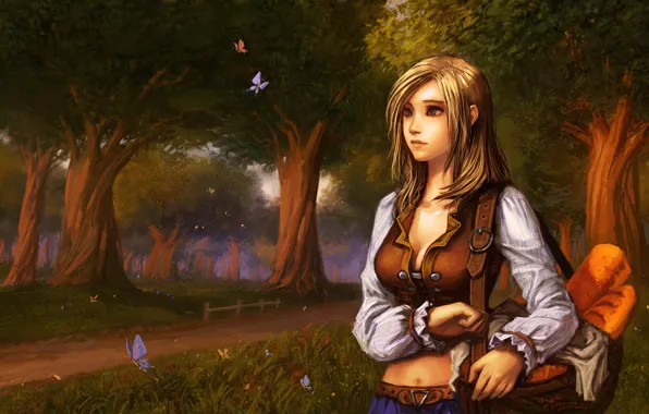 Picture road, trees, butterfly, basket, wow, world of warcraft, baton, Alliance