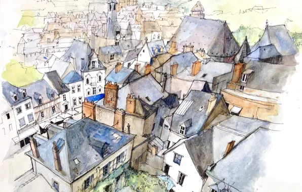 The city, figure, France, home, watercolor, Amboise