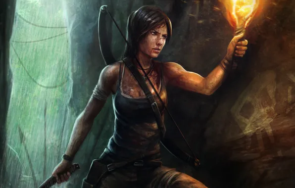 Picture water, girl, squirt, bow, art, torch, cave, Lara Croft