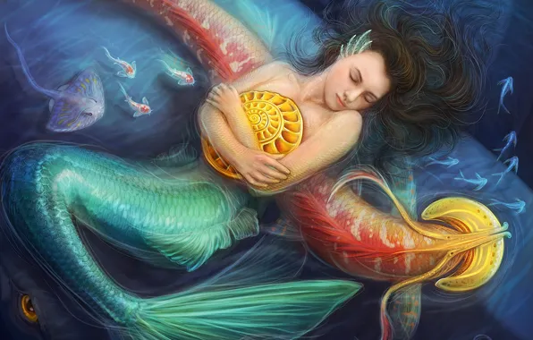 Sea, girl, fish, mermaid, shell, art