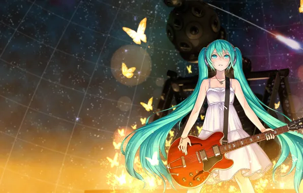 Picture girl, space, stars, butterfly, guitar, vocaloid, hatsune miku, Vocaloid
