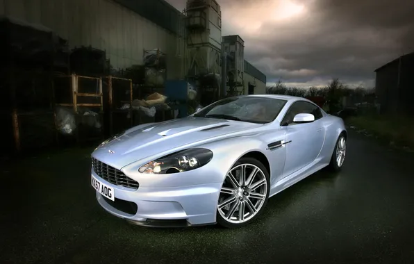 The sky, trees, clouds, Aston Martin, the building, DBS, silver, front view