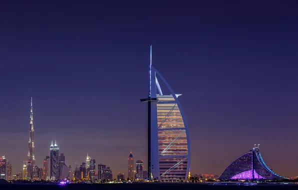 Dubai, night city, Dubai, UAE, Burj Al Arab, Borg El Arab, Arab Tower