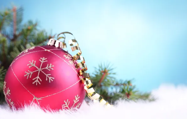 Macro, pink, tree, ball, serpentine, snowflake, Blue background