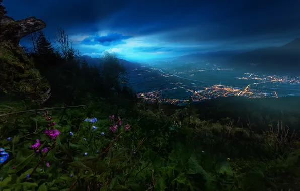 The sky, flowers, clouds, the city, Mountains