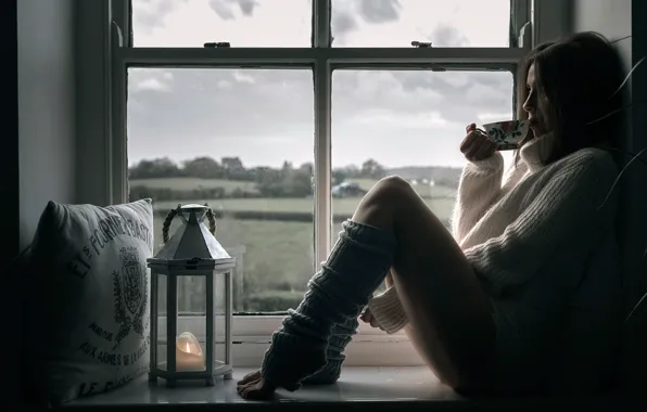 Girl, window, Cup, legs, leg warmers, cup of tea